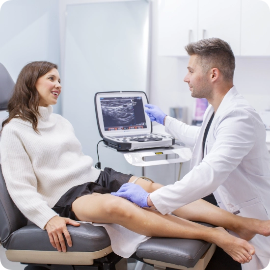 Dr. Jack Bulat is performing a duplex ultrasound on a patient's leg in a clinical setting. He is pointing at the ultrasound monitor while explaining the procedure to the smiling patient.