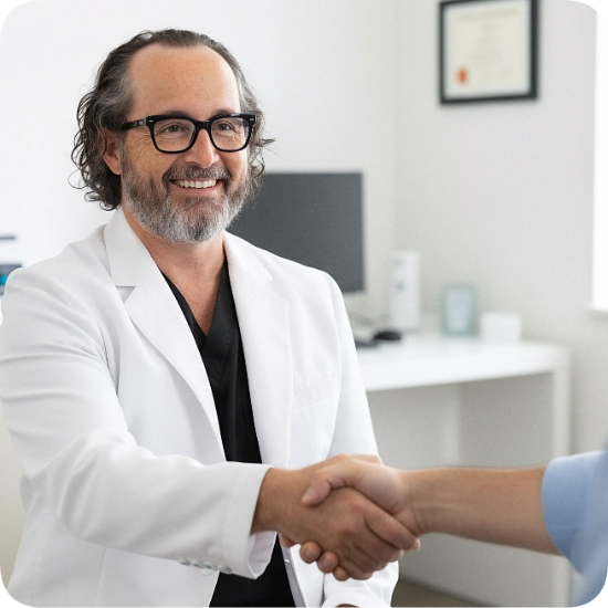 Double certified Dr Kamran Saraf Dr. Walter Lech, MD, a vein treatment specialist, shakes hands with a patient in a clinical office setting during a consultation. The interaction captures a professional greeting in a clean medical environment equipped for venous health evaluations.