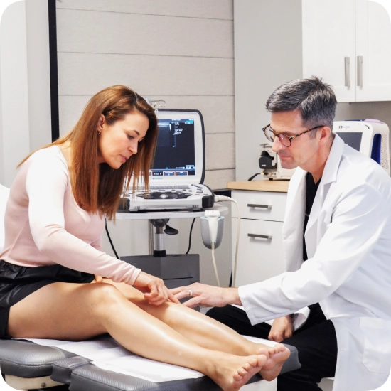 Double certified Dr Kamran Saraf Dr. Joshua Kindelan performs a clinical consultation with a patient in an examination room. The patient points to an area on her leg while Dr. Kindelan examines it, with an ultrasound machine visible in the background.